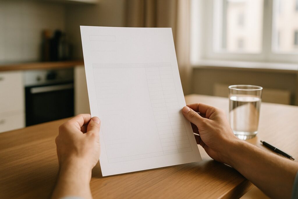 Persona revisando su factura de servicios públicos en la mesa de la cocina