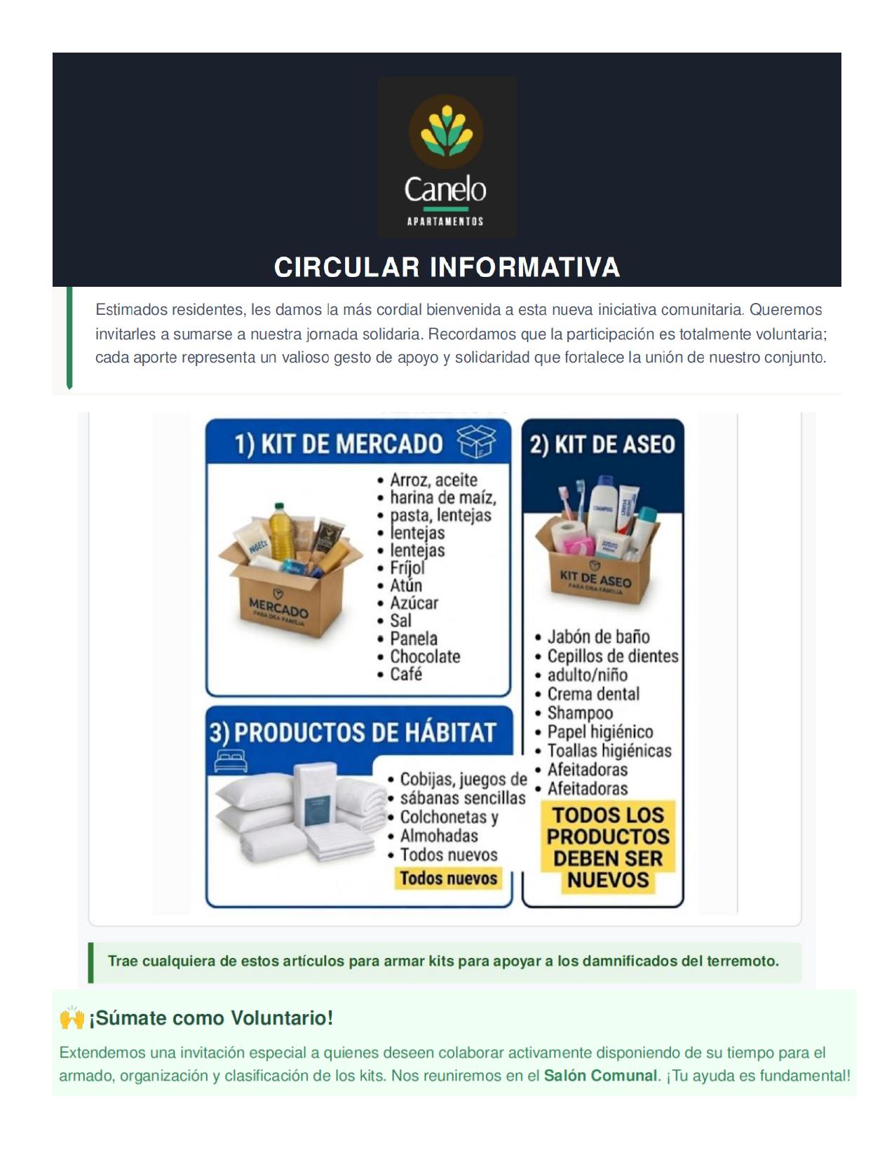 Circular informativa de la jornada solidaria del Conjunto Residencial Canelo