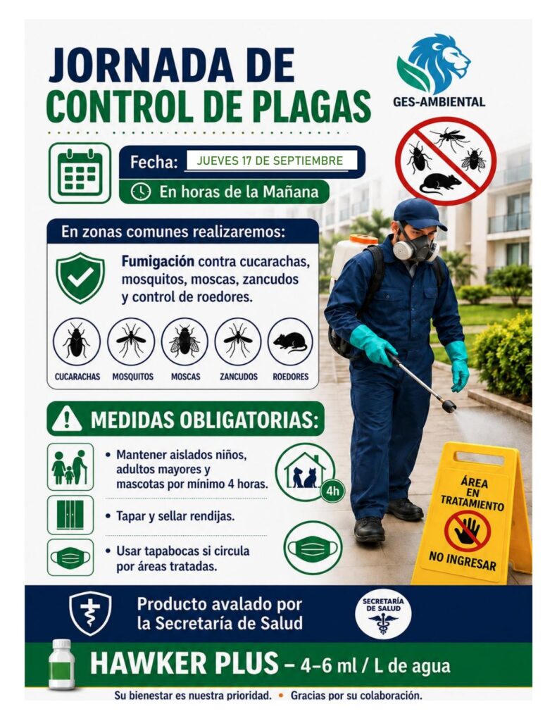 Jornada de control de plagas en zonas comunes - jueves 17 de septiembre de 2026