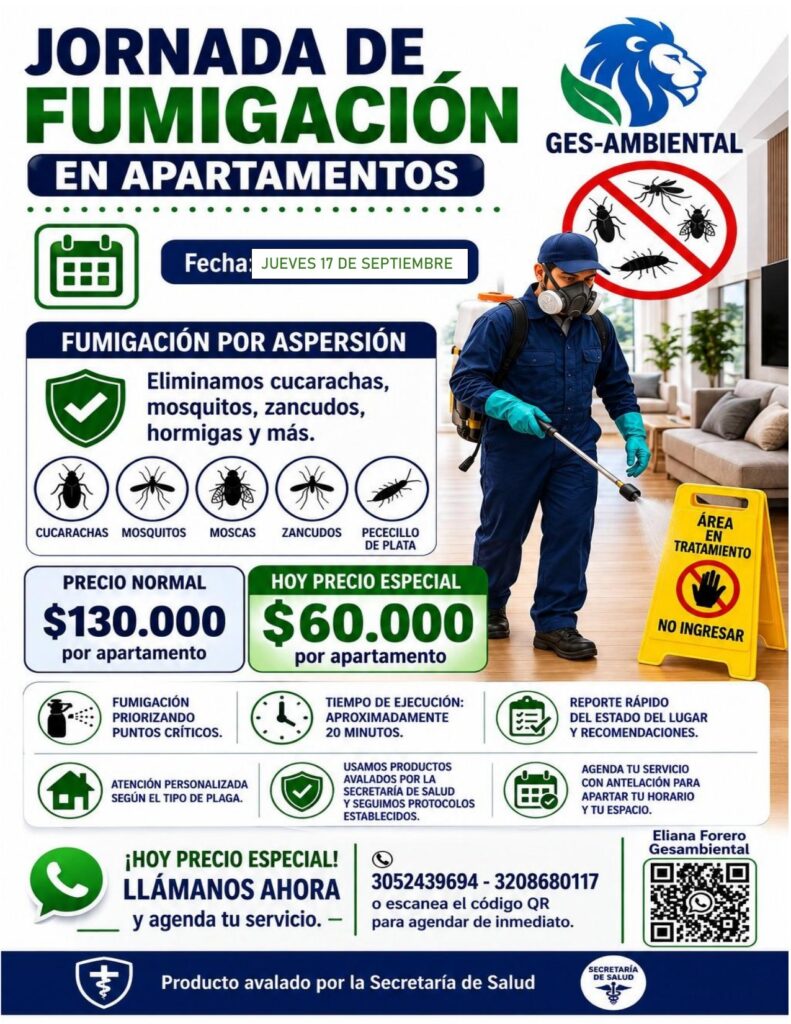 Jornada de fumigacion en apartamentos - jueves 17 de septiembre de 2026