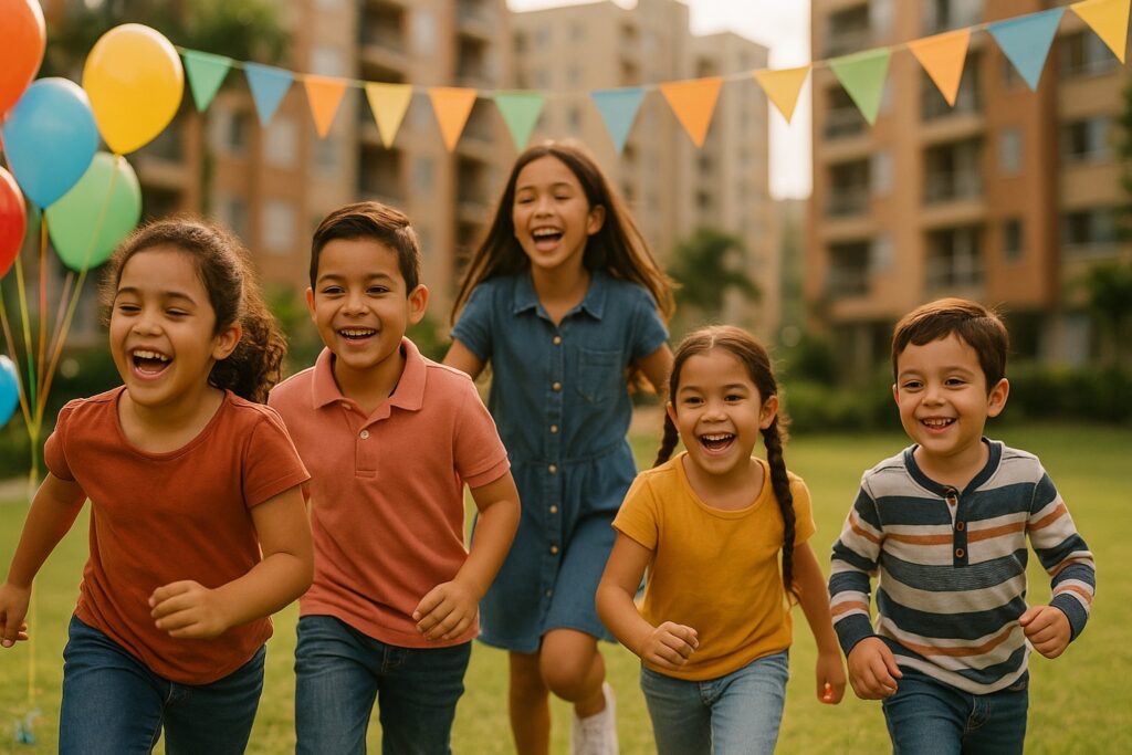Niños jugando en la zona verde de un conjunto residencial
