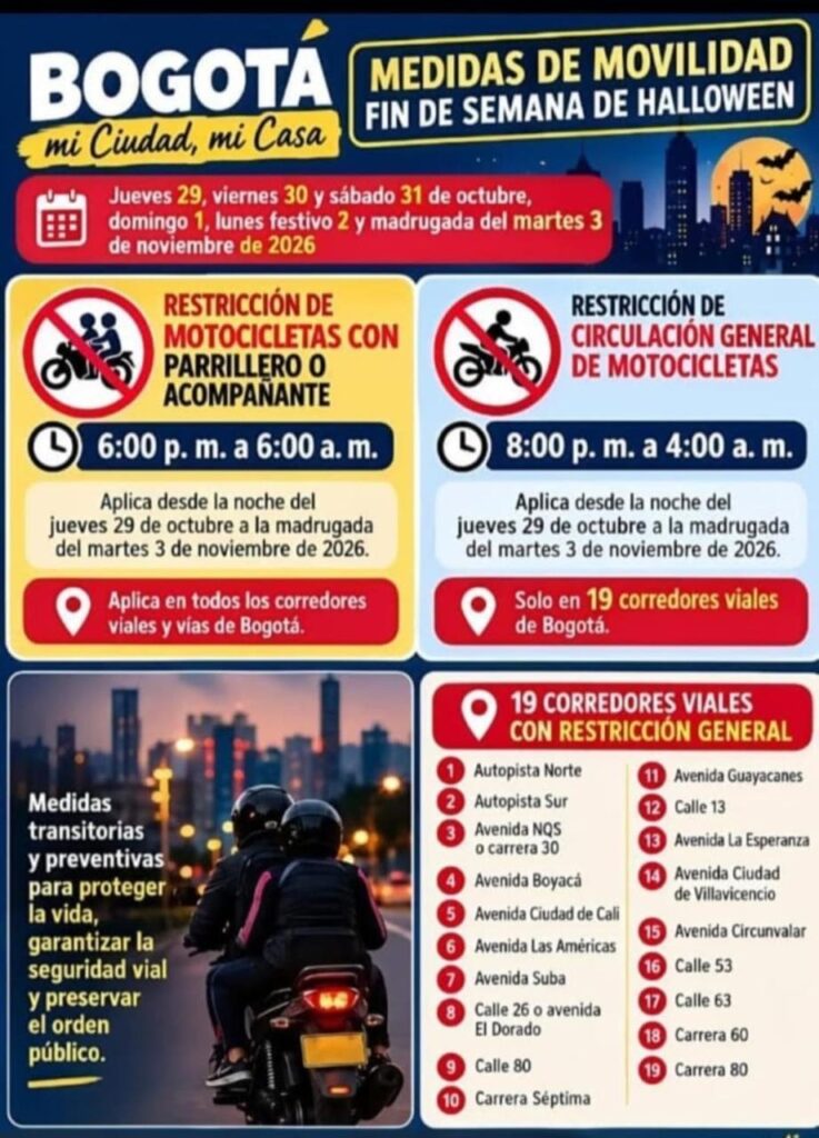 Afiche de la Alcaldia de Bogota con las restricciones de motocicletas del fin de semana de Halloween 2026