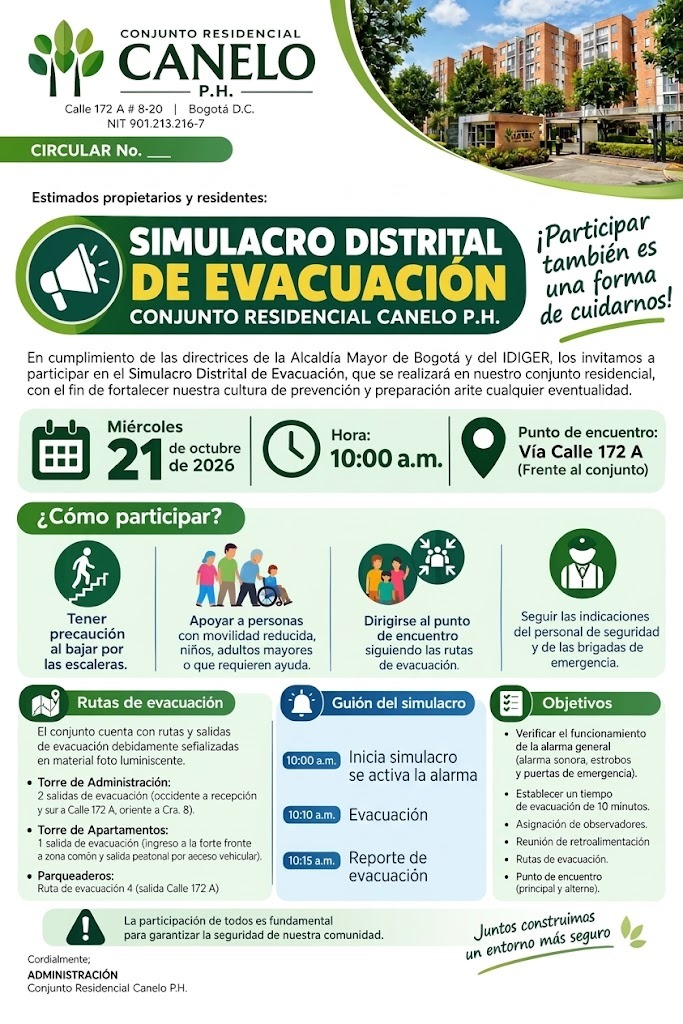 Circular del Simulacro Distrital de Evacuación: miércoles 21 de octubre de 2026, 10:00 a. m., punto de encuentro Vía Calle 172 A